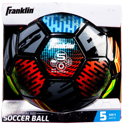 Emery Jensen multicolor soccer ball, size 5, designed for football and soccer games with vibrant color patterns.