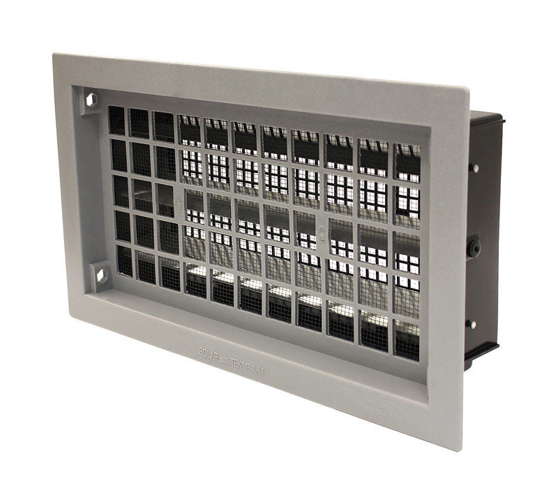 Gray 8x16 Emery Jensen foundation vent for attic ventilation, made of durable material with slatted design.