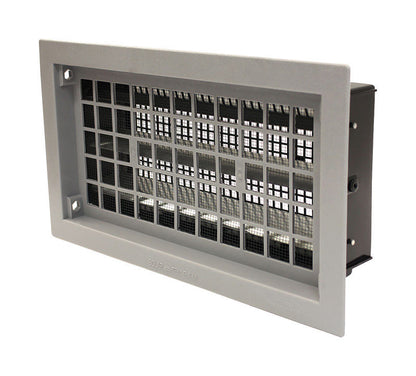 Gray 8x16 Emery Jensen foundation vent for attic ventilation, made of durable material with slatted design.