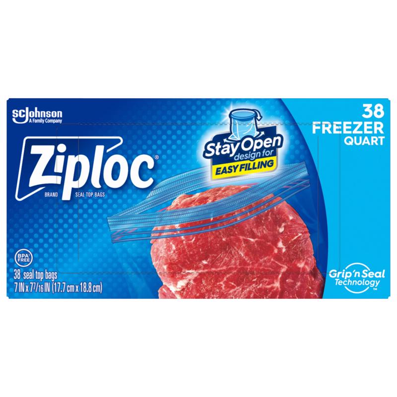 Set of nine Emery Jensen freezer bags, quart size, 38-pack, clear plastic storage bags for freezing and food preservation.