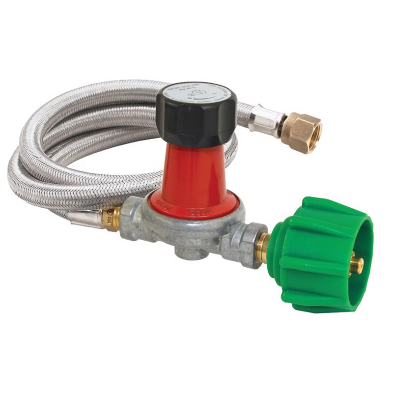 Emery Jensen 30-PSI regulator hose for fryer parts and accessories, featuring a flexible connection and pressure control.