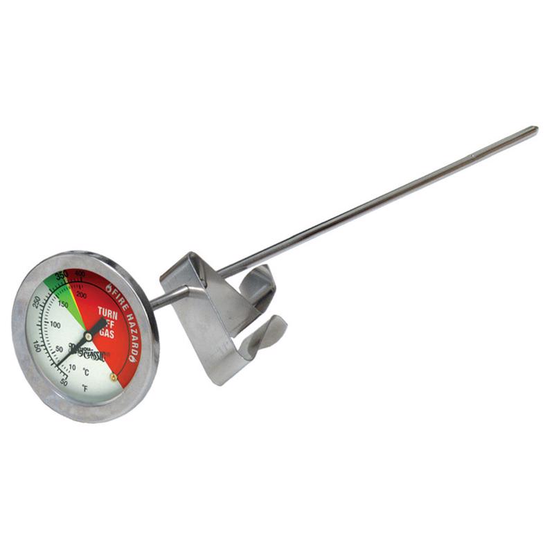 Emery Jensen 12-inch SS Fry Thermometer for fryer parts and accessories, showing temperature dial and stainless steel probe.