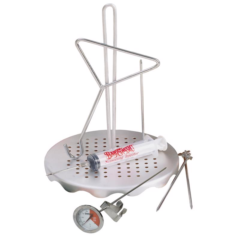 Emery Jensen turkey frying rack set with sturdy metal racks and accessories for safe, even deep frying of turkeys.