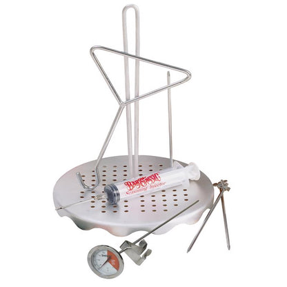 Emery Jensen turkey frying rack set with sturdy metal racks and accessories for safe, even deep frying of turkeys.