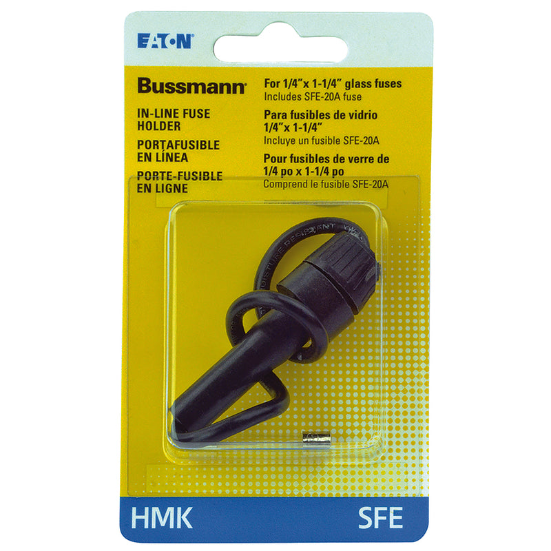 Emery Jensen In-line Fuse Holder SFE with black plastic casing and metal terminals for secure electrical connections.