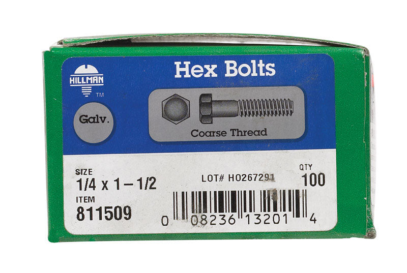 Galvanized hex bolt Grade 2 by Emery Jensen, 1/4 inch diameter and 1 1/2 inches long, shown in close-up on a plain background
