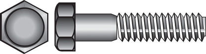 Galvanized hex bolts Grade 2, 5/16x1.5 inches, Emery Jensen, showing the shiny metallic surface and hexagonal head for fastening.