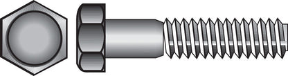 Galvanized hex grade 2 bolt by Emery Jensen, 4 inch length, 5/8 inch diameter, 8 threads per inch, showing shiny zinc coating
