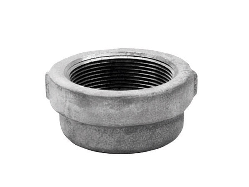 Galvanized iron cap fitting, 1/2-inch size, from Emery Jensen, used for plumbing or piping connections.