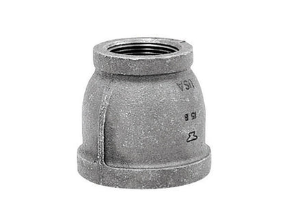 Galvanized iron fittings for plumbing, Emery Jensen couple fitting 1.5" x 1.25" in black galvanized finish, U.S. made