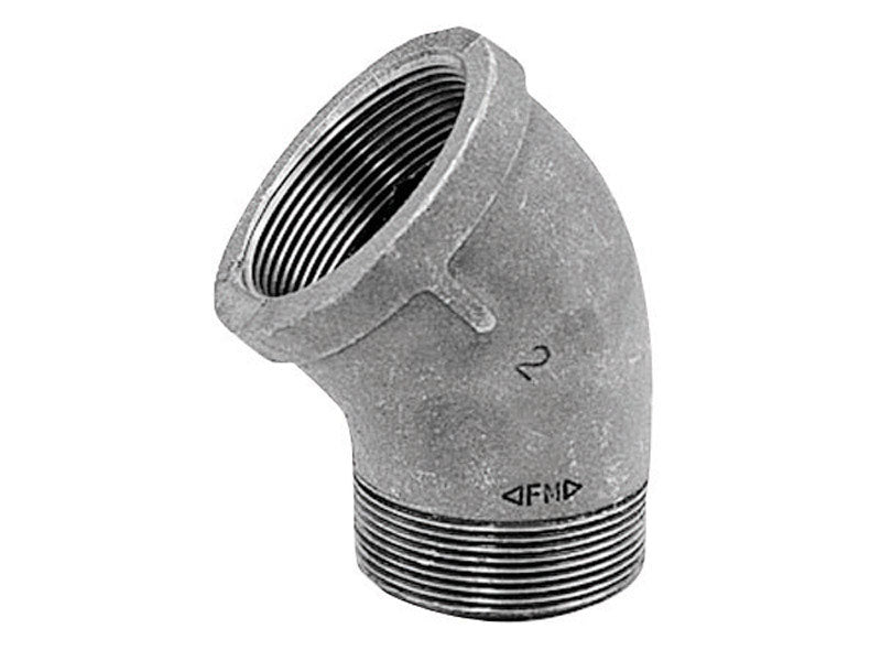 Galvanized iron 45-degree street elbow fitting from Emery Jensen, suitable for plumbing and piping applications.