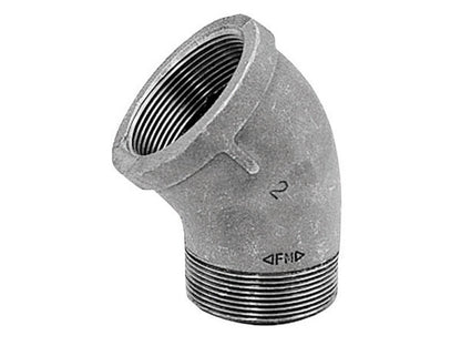 Galvanized iron 45-degree street elbow fitting from Emery Jensen, suitable for plumbing and piping applications.