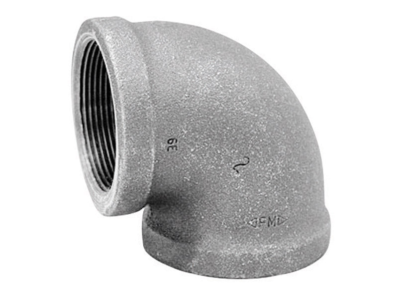 Galvanized iron elbow fitting 90-degree 1.5-inch from Emery Jensen for plumbing and piping applications.
