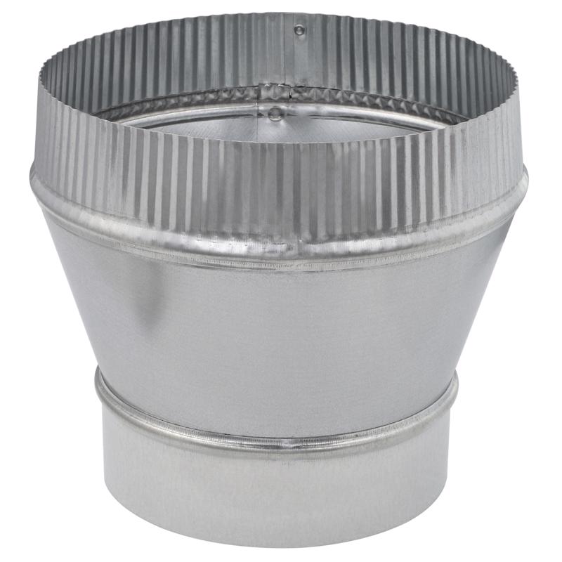 Galvanized vent pipe fitting, 6x8 inch furnace increaser by Emery Jensen, used for connecting and expanding HVAC vent systems.