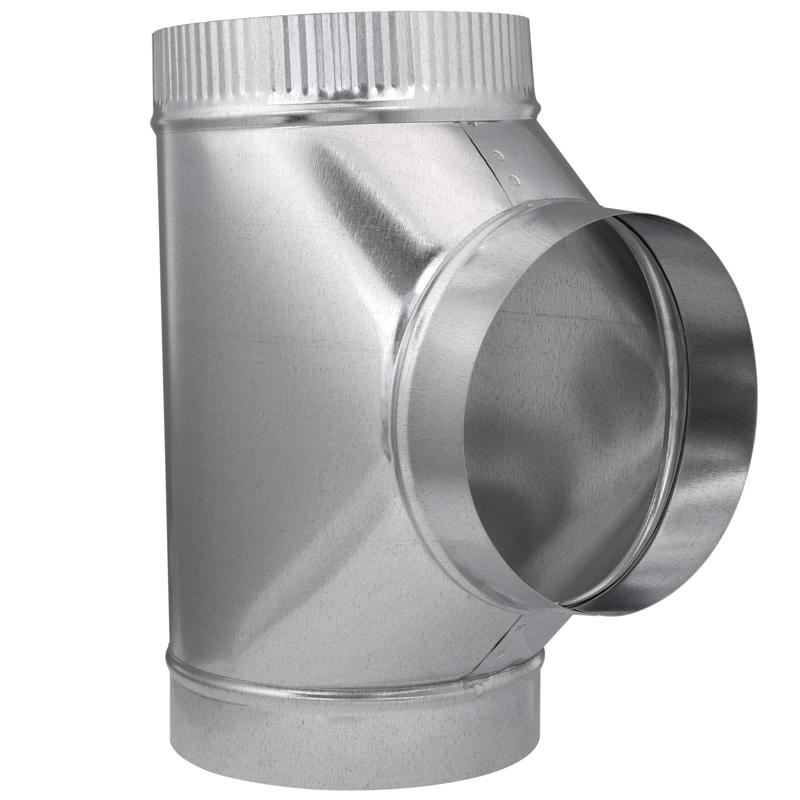 Galvanized vent pipe fitting, 7-inch furnace pipe tee by Emery Jensen, showing the T-shaped connector for HVAC ventilation systems.