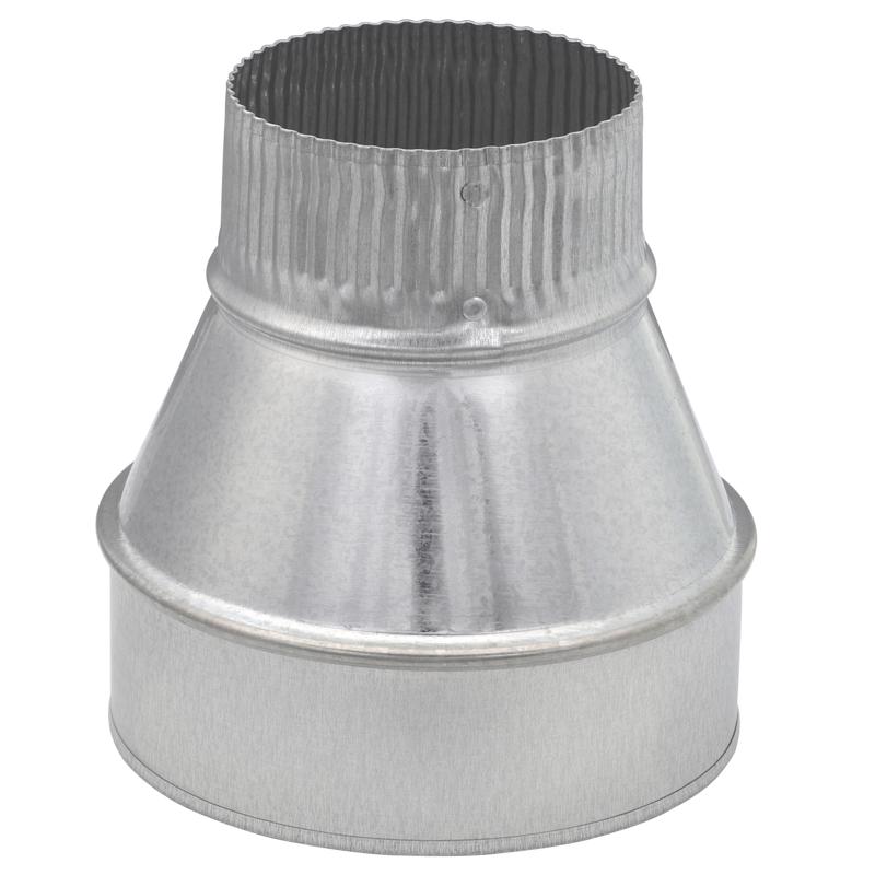 Galvanized vent pipe fitting, 5-inch to 3-inch furnace reducer from Emery Jensen for HVAC venting systems.