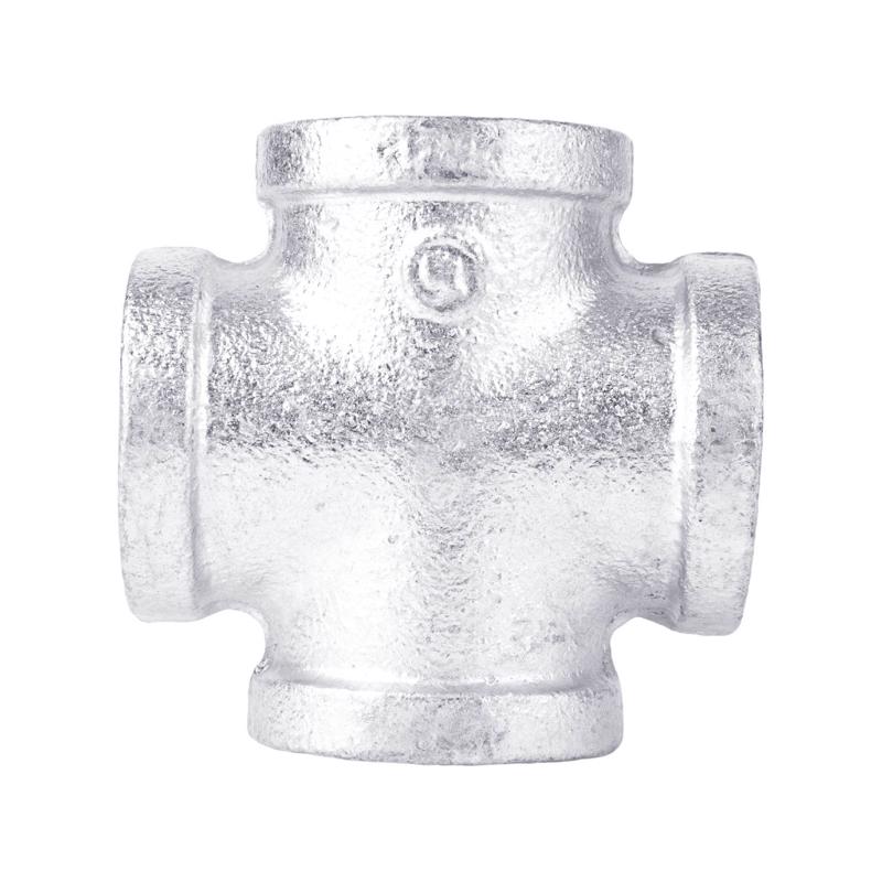 Galvanized cross fitting 1/2 inch by Emery Jensen, durable metal plumbing fitting for pipe connections with a galvanized finish.
