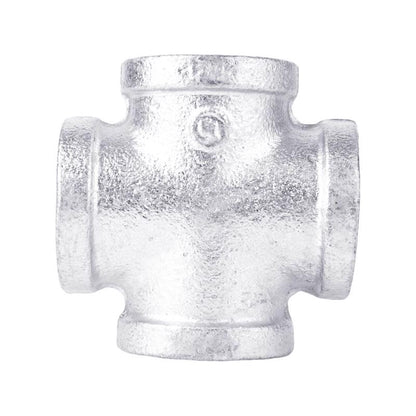 Galvanized cross fitting 1/2 inch by Emery Jensen, durable metal plumbing fitting for pipe connections with a galvanized finish.