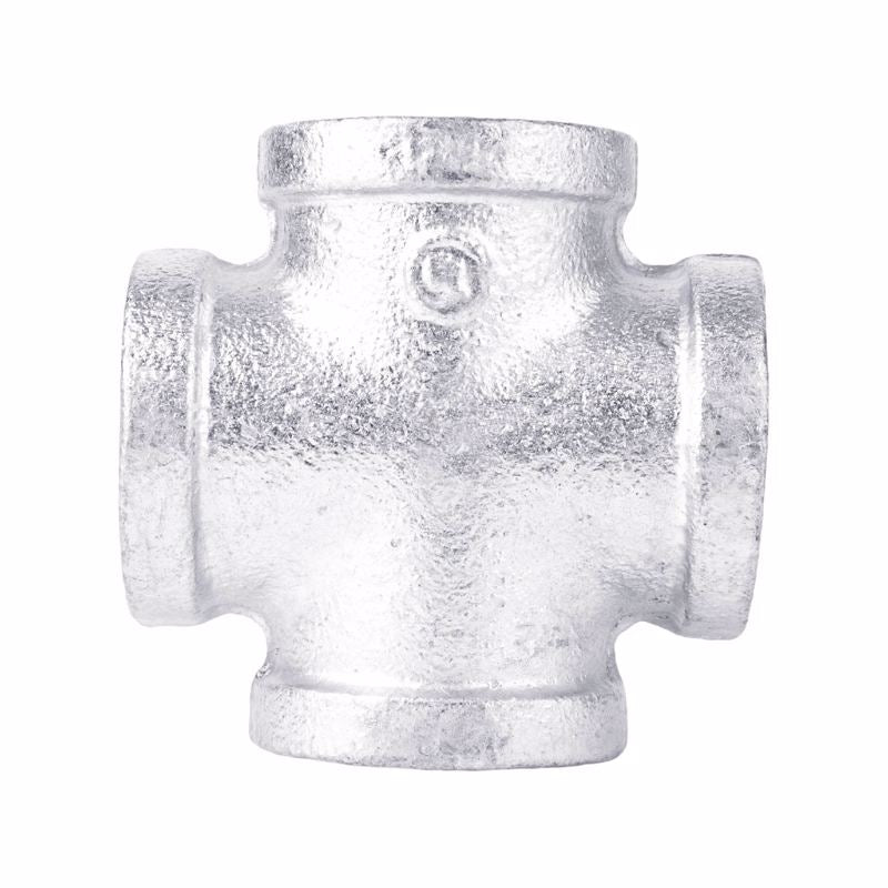 Galvanized Cross fitting, 3/4-inch size, from Emery Jensen, made of durable galvanized steel for plumbing and pipe connections.