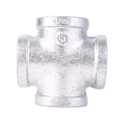 Galvanized Cross fitting, 3/4-inch size, from Emery Jensen, made of durable galvanized steel for plumbing and pipe connections.