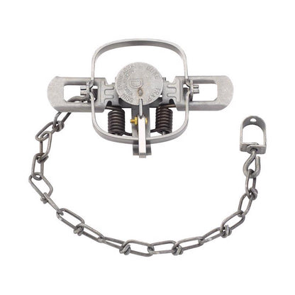 Emery Jensen coil spring trap for game trapping, featuring a sturdy metal trap with a coil spring mechanism.