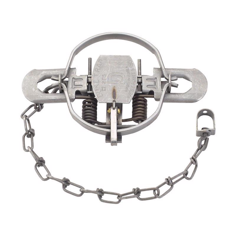 Emery Jensen DBL Coil Spring Trap #2 for game trapping, showing a sturdy metal trap with coil springs and trigger mechanism.