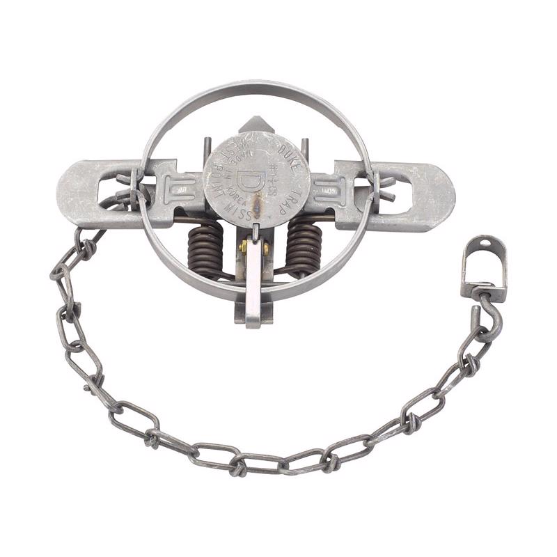 Emery Jensen DBLCOIL SPRNGTRAP #1 1/2 game trap with coiled spring mechanism for wildlife control, shown in close-up.