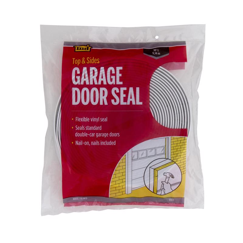 Emery Jensen garage door weatherstrip in white vinyl, 30ft length, designed to seal garage doors and improve insulation.