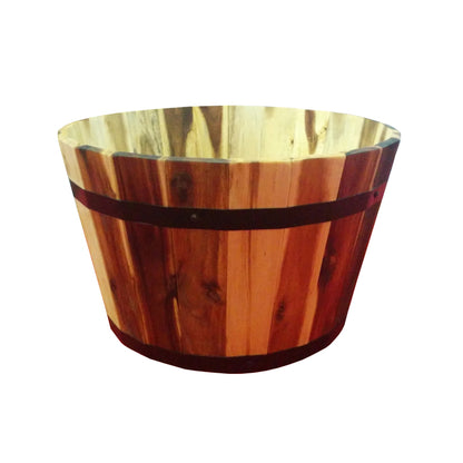 Emery Jensen RND WD Barrel Plant 16" garden box with a rustic wooden design and plant arrangement.