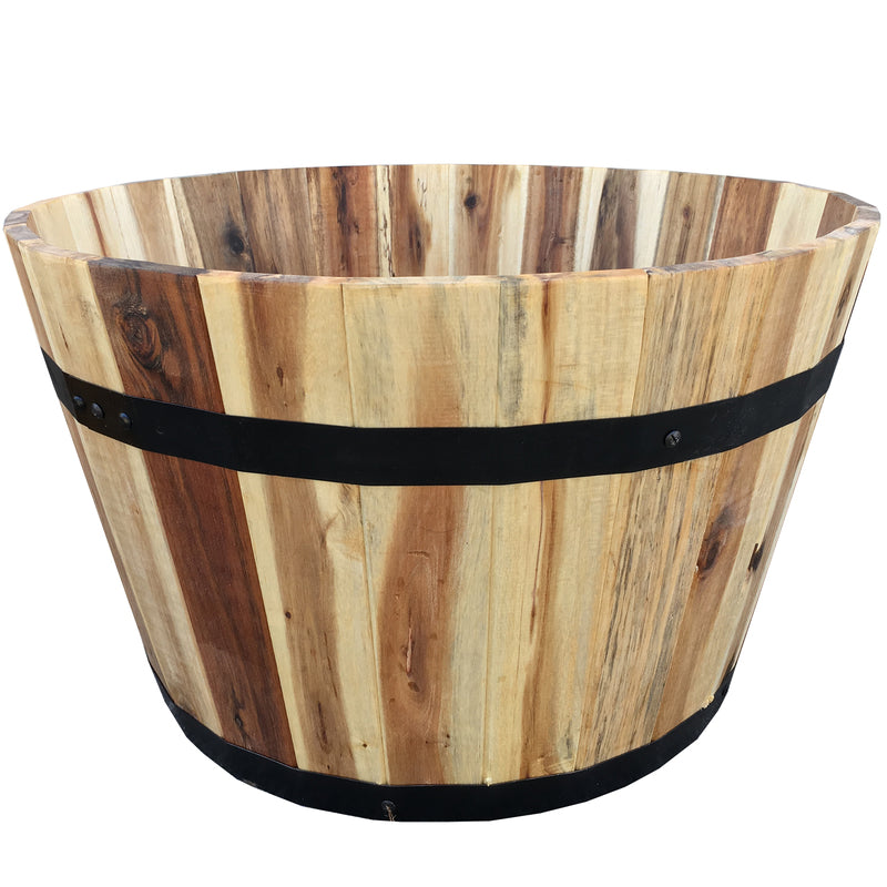 Emery Jensen RND WD Barrel Plant 21-inch garden box with a wooden finish and planter design, ideal for outdoor gardening.