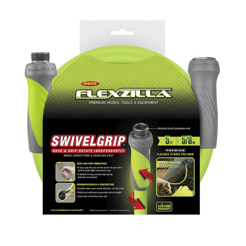 Emery Jensen FLEXZLA SWVL garden hose, 5/8 inch diameter, 5 feet long, flexible and durable for outdoor watering tasks.