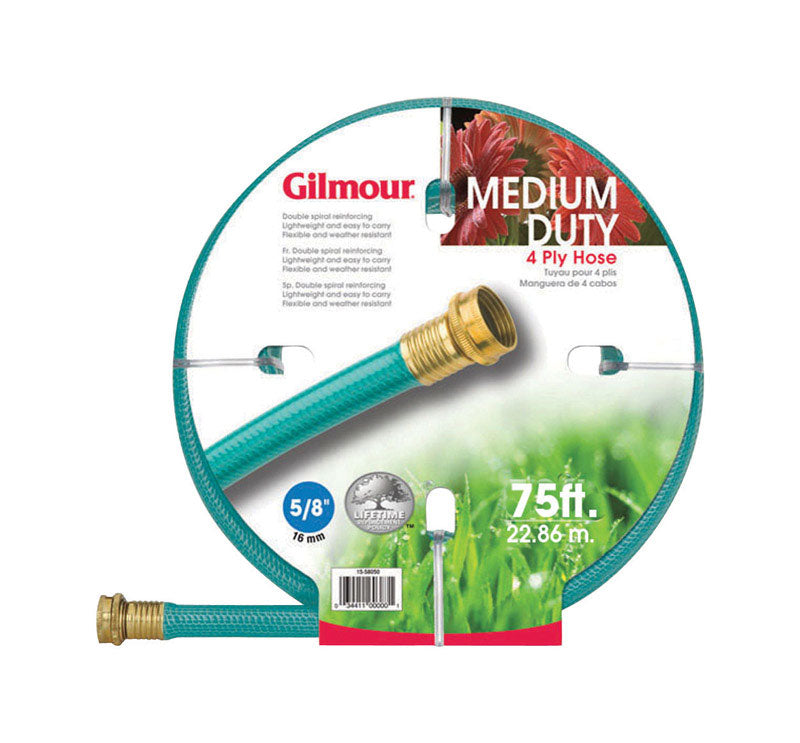 Emery Jensen garden hose made of vinyl, 5/8 inch diameter, 75 feet long, coiled on a reel for outdoor watering.