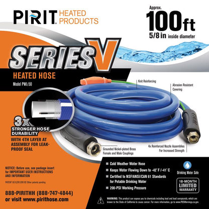 Blue 100-foot heated PVC garden hose by Emery Jensen, flexible and durable for winter watering and outdoor gardening.