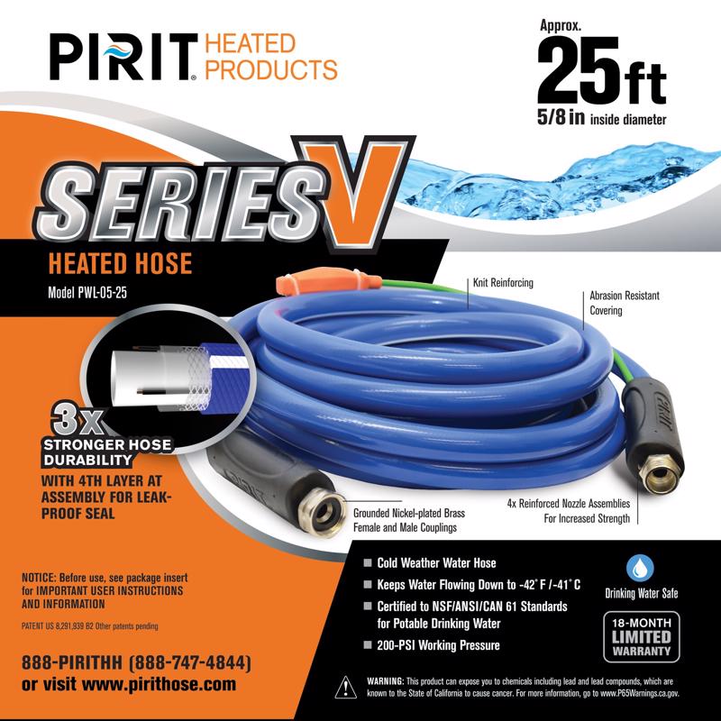 Blue 25-foot heated PVC garden hose by Emery Jensen, flexible and durable for outdoor watering in cold weather.