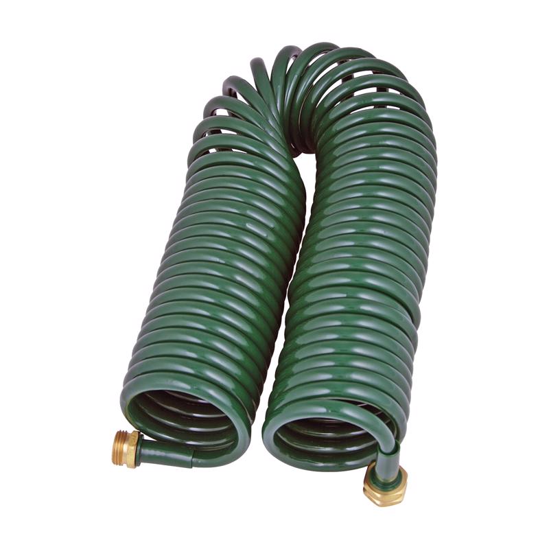 Emery Jensen 50ft solid green garden hose coil, flexible and durable for watering gardens and outdoor use.