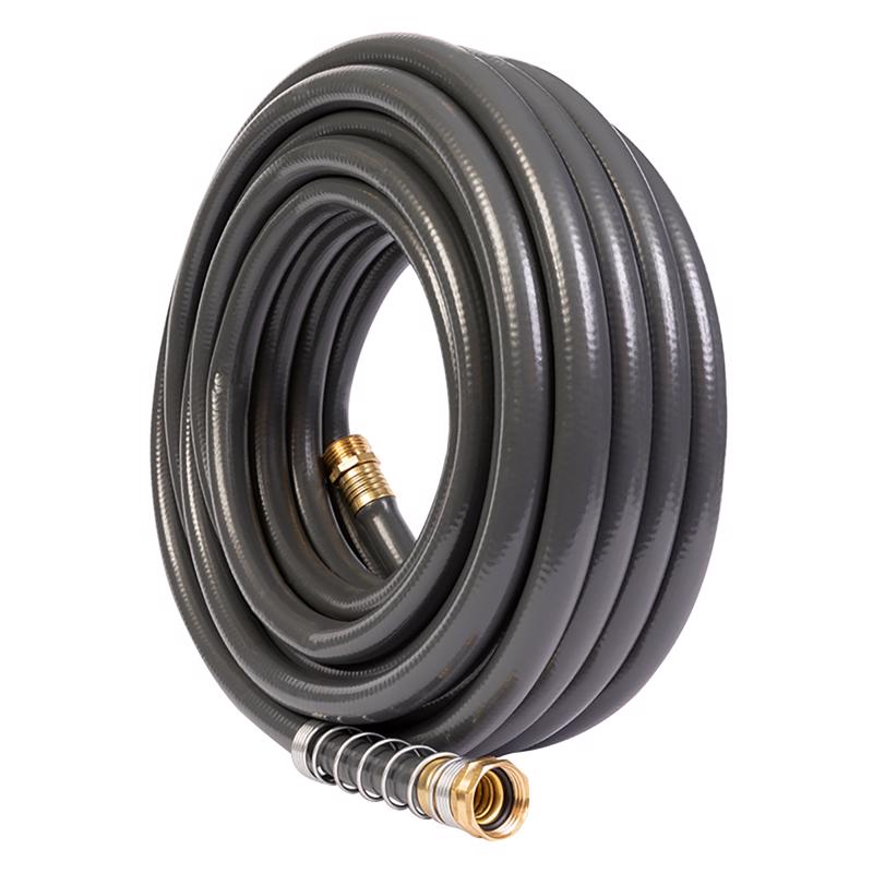 Gray Emery Jensen garden hose, 5/8 inch diameter, 50 feet long, coiled and ready for outdoor watering use.