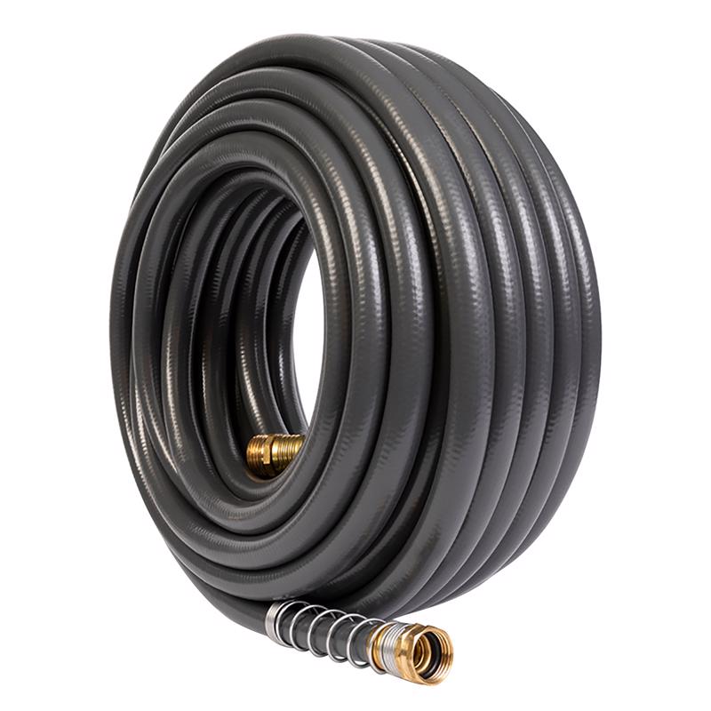 Gray Emery Jensen garden hose, 5/8 inch diameter, 75 feet long, flexible and durable outdoor watering hose.