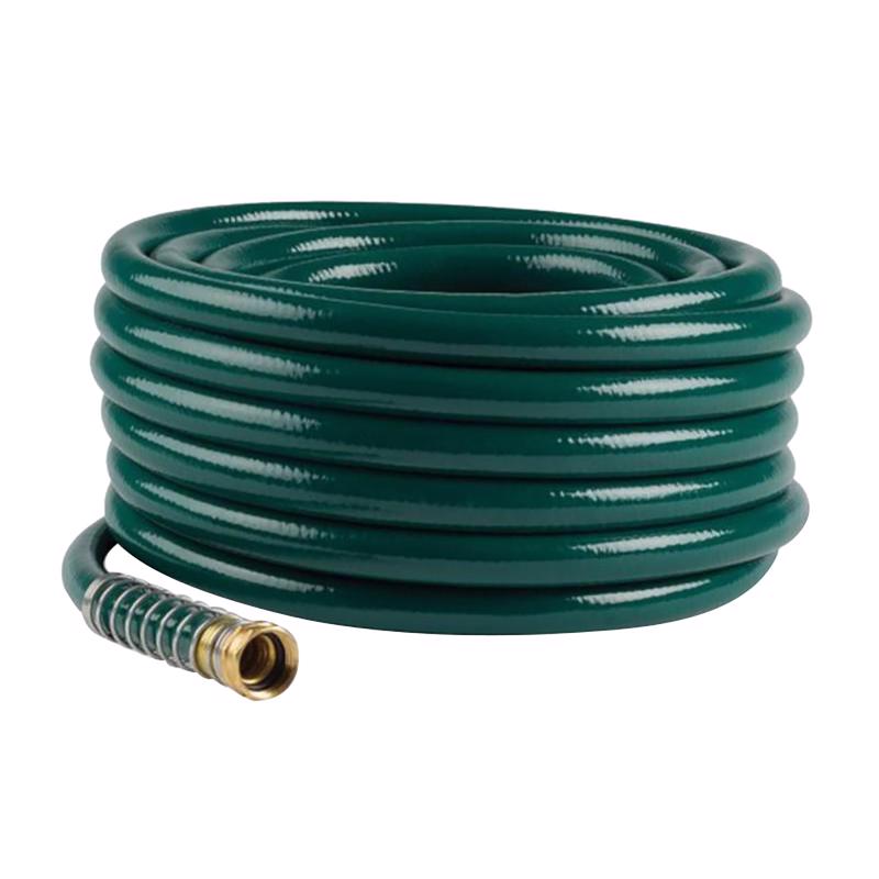 Emery Jensen garden hose, 5/8 inch diameter, 50 feet long, flexible and durable for watering gardens and outdoor use.