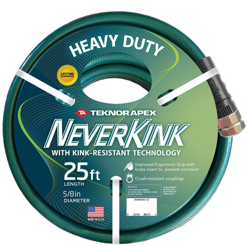 Emery Jensen NEVERKINK HD 25FT garden hose coiled outdoors, durable flexible garden hose with brass fittings for watering.