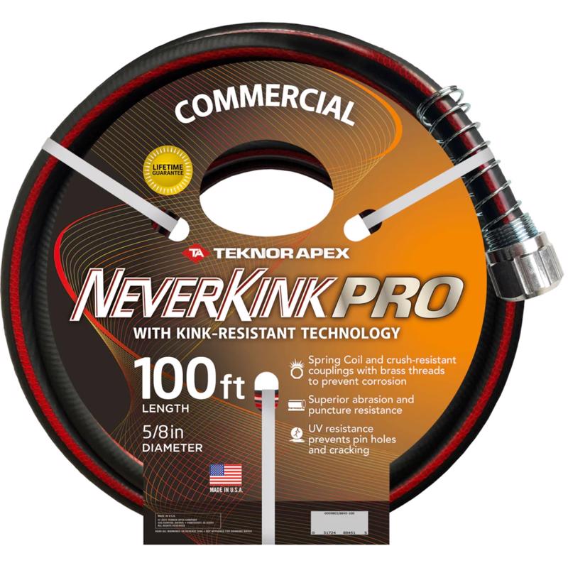 Emery Jensen Neverkink Pro 100ft garden hose coiled flat with brass fittings, durable and flexible outdoor watering tool.
