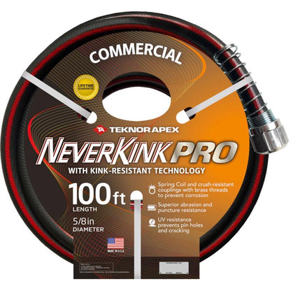 Emery Jensen Neverkink Pro 100ft garden hose coiled flat with brass fittings, durable and flexible outdoor watering tool.