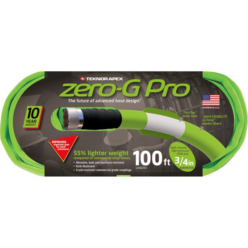 Emery Jensen ZEROGPRO 3/4-inch, 100-foot garden hose, flexible and durable for watering gardens and outdoor use.