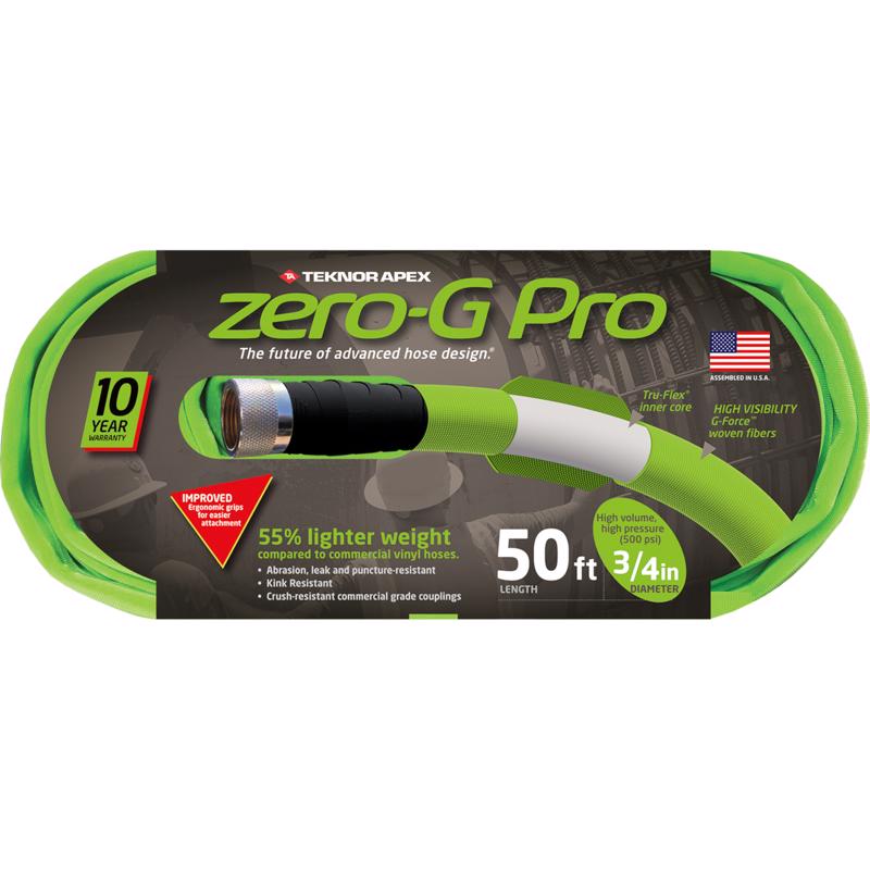 Emery Jensen ZEROGPRO 3/4-inch 50-foot garden hose coiled, durable flexible garden hose for outdoor watering and gardening tasks.
