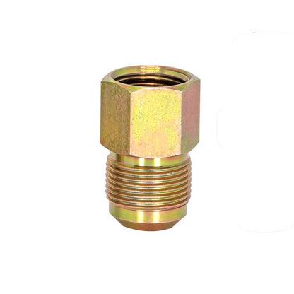 Emery Jensen gas connector with 1/2-inch female flare to 1/2-inch female pipe fitting for gas appliance connections.