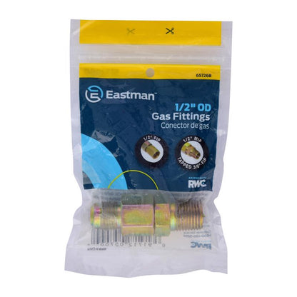 Emery Jensen gas connector with 1/2 flared fitting and 1/2 MIP threaded connection for gas appliance installation.