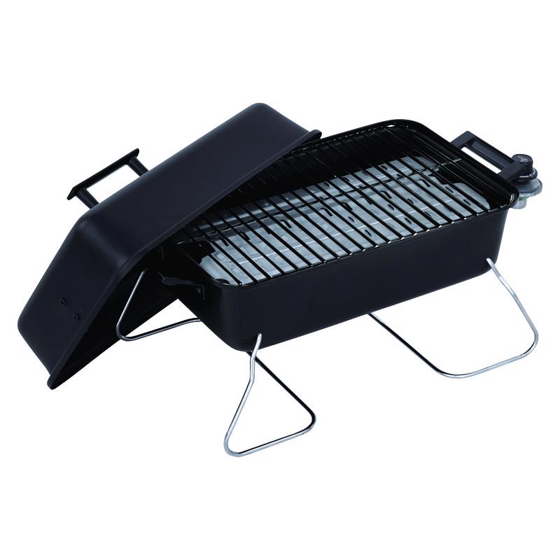 Emery Jensen CHRBRL gas tabletop grill with stainless steel surface and control knobs for outdoor cooking.