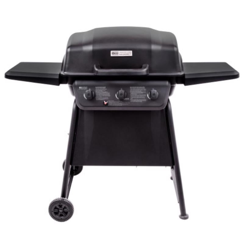 Emery Jensen LP Classic 360 3B gas grill with three burners and sturdy stainless steel construction for outdoor cooking.