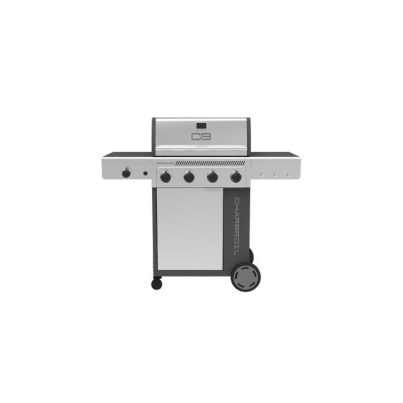 Emery Jensen gas grill with four silver porcelain-coated burners and black exterior for outdoor cooking.