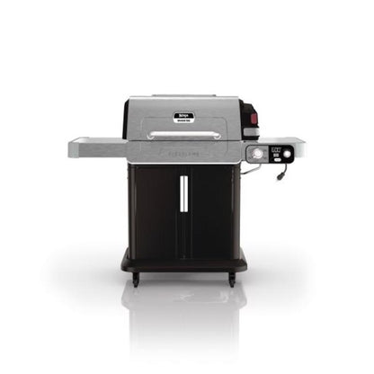 Emery Jensen gas grill with stainless steel body, 3 burners, and liquid propane setup for outdoor cooking.