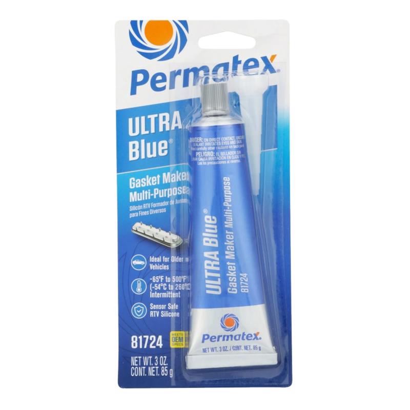 Blue RTV gasket material by Emery Jensen, used for sealing and gasket making in various repair and construction projects.